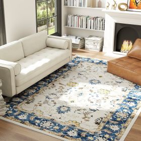 Machine Washable Area Rug 8x10, Non-Slip Boho Floral Print Floor Carpet For Living Room, Bedroom, Dining Room, Blue