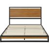 Queen size Modern Metal Platform Bed Frame with Solid Brown Wood Slatted Headboard