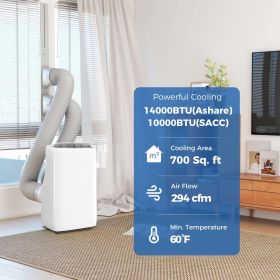 14000 BTU Portable Air Conditioner, Inverter & Dual Hose AC Unit W Cool, Dehumidifier, Fan, For 700 Sq. Ft, Window Kit