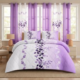 9-Piece Purple Floral Quilt and Curtain Set, Reversible Microfiber Bedspread with 2 Pillow Shams and 6 Window Curtains, Twin, Queen, King and Cal (Option: Twin)