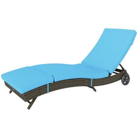 Patio Wicker Chaise Lounge Chair, Outdoor PE Rattan Sun Lounger With Adjustable Backrest And 2 Wheels, Sky Blue (Option: Sky blue)