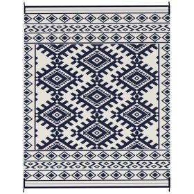 Reversible Outdoor Rug, Waterproof Plastic Straw With Carry Bag, 8 X 10, Blue  White Rhombus Border (Option: blue)