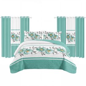 9 Piece Room In A Bag Quilt And Curtain Set, US Designer Teal Floral Botanical Print Heavyweight Bedspread With 6 Customizable Window Panels, Pet (Option: King)