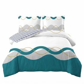 3 Piece Reversible Duvet Cover Set, Heavyweight High-GSM Microfiber Bedding With Zipper & 4 Corner Ties, US Designer Modern Teal Wave & Chevron G (Option: Queen)